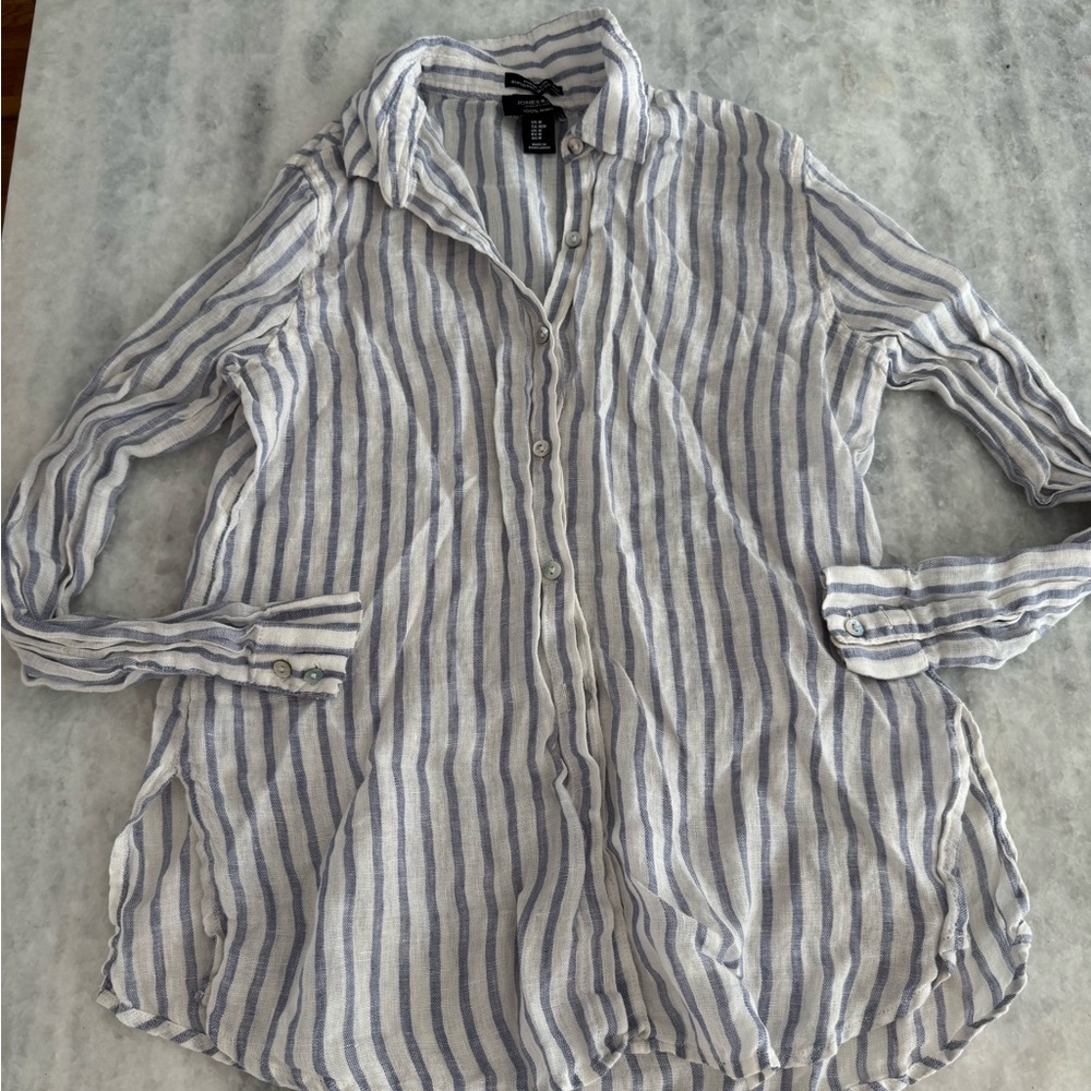 Jones New York Blue and White Striped Button Down Shirt